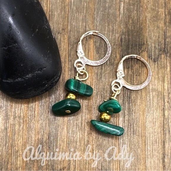 Alquimia Green and Gold Drop Earrings with Organic Stones malachite - Picture 1 of 1